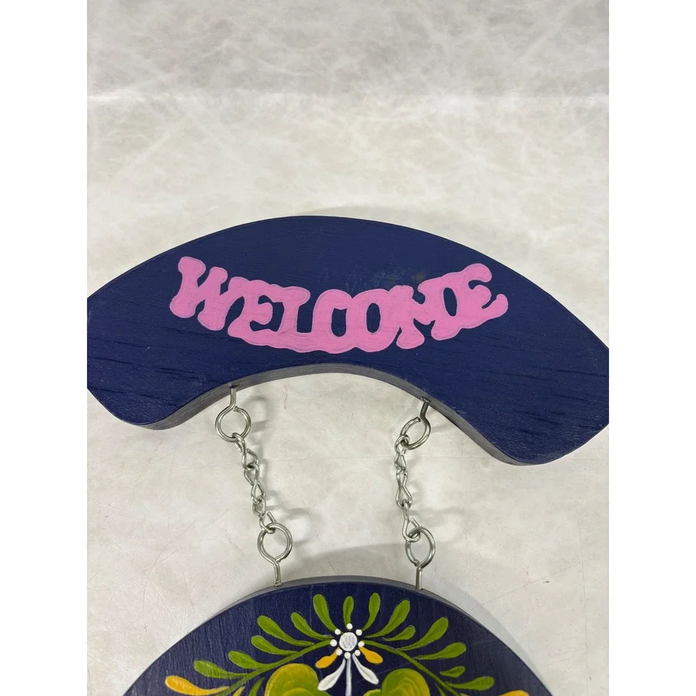 Vintage 1988 Hand Painted Rosemaling Wood Welcome Sign Folk Art Bird Heart Navy